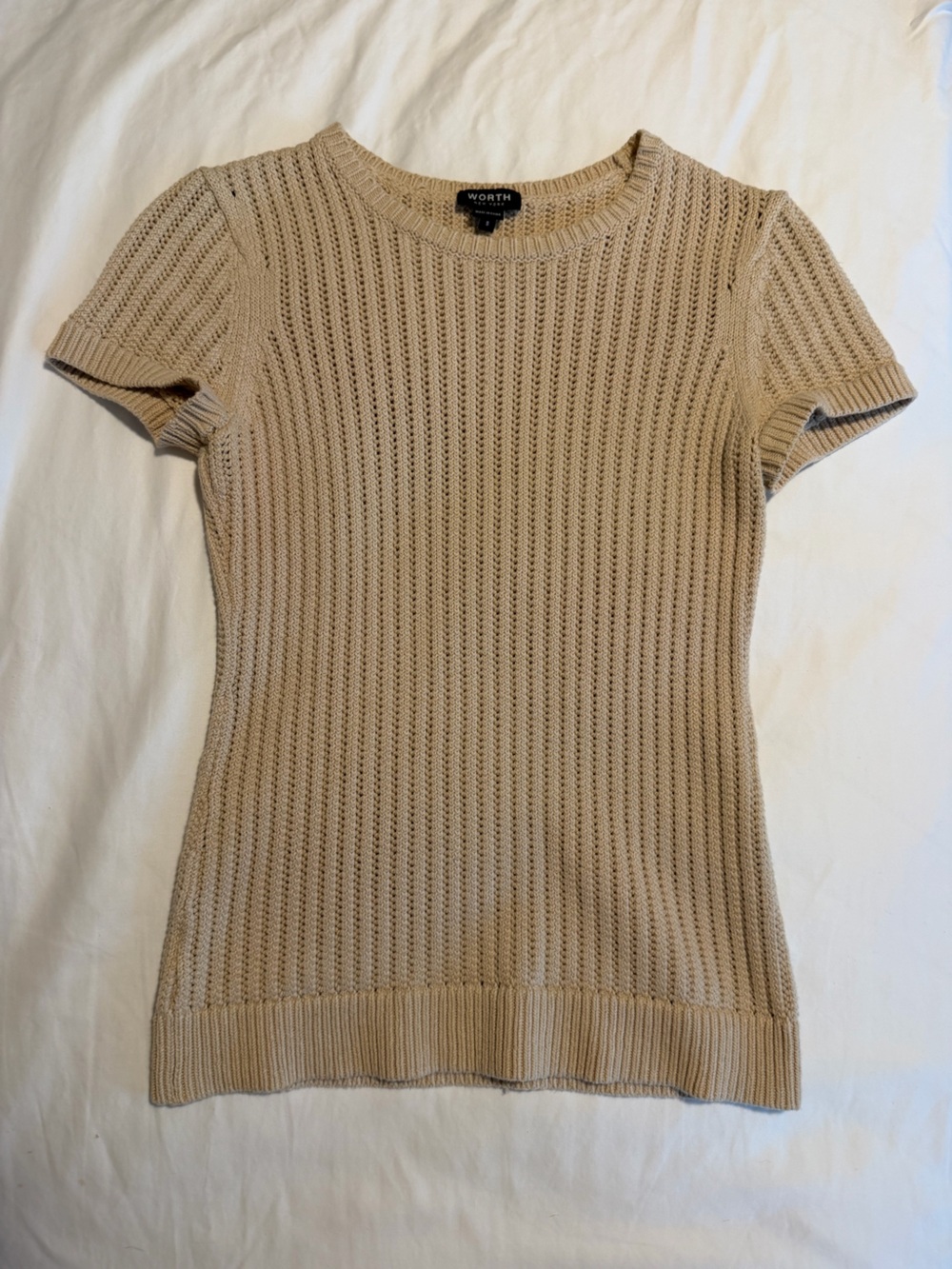 Worth New York Tan Open-Knit Short Sleeve Sweater